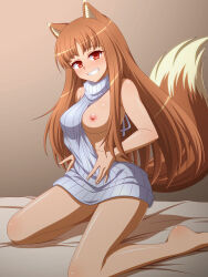  1girl \||/ animal_ear_fluff animal_ears areola_slip bare_arms bare_shoulders blush breasts colored_eyelashes commentary_request commission fang floating_hair grey_sweater grin holo indoors knees_out_of_frame light_brown_background long_hair looking_at_viewer medium_breasts meme_attire nipples on_bed one_breast_out paid_reward_available parted_bangs pixiv_commission red_eyes ribbed_sweater seductive_smile shiny_skin simple_background sitting sleeveless sleeveless_sweater smile solo spice_and_wolf straight_hair sweater tail tail_raised thighs turtleneck turtleneck_sweater very_long_hair virgin_killer_sweater wariza wolf_ears wolf_girl wolf_tail zetsumu 