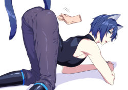  1boy akiyoshi_(tama-pete) animal_ears ass blue_eyes blue_hair cat_boy cat_ears cat_tail disembodied_limb from_behind kaito_(vocaloid) male_focus sleeveless solo tail vocaloid white_background  rating:Sensitive score:5 user:danbooru