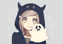  1girl blush bone_hair_ornament brown_eyes brown_hair collarbone ghost grey_background grey_shirt hair_ornament hand_puppet hood hood_up horned_hood horns looking_at_viewer maco22 original puppet shirt simple_background smile solo tongue tongue_out upper_body 
