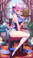  1girl ahoge aqua_hair back_cutout bamboo_steamer baozi bare_shoulders blue_dress blue_footwear blue_ribbon blurry blurry_background blush bow bowsan braid braided_ponytail breasts bun_cover china_dress chinese_clothes closed_mouth clothing_cutout colored_inner_hair commentary_request cup double_bun dress dumpling food hair_bun hair_tie high_heels highres holding holding_tray hololive large_breasts long_hair looking_down minato_aqua multicolored_hair neko_(minato_aqua) partial_commentary phone_wallpaper pink_eyes pink_hair ribbon sitting solo streaked_hair tea teacup teapot thighhighs thighs tray two-tone_hair virtual_youtuber wallpaper wavy_mouth white_bow white_thighhighs 