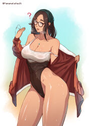  1girl ? alma_(monster_hunter_wilds) bandana bare_legs black-framed_eyewear breasts brown_coat brown_eyes brown_hair cleavage coat fanning_face fanning_self forehead glasses green_bandana highleg highleg_swimsuit highres hot jewelry large_breasts monster_hunter_(series) monster_hunter_wilds multicolored_clothes multicolored_swimsuit necklace no_pants one-piece_swimsuit open_clothes open_coat parted_bangs solo strap_slip sweat swimsuit swimsuit_under_clothes tan thick_eyebrows thick_thighs thighs twitter_username wet wet_clothes wet_swimsuit yamanata 