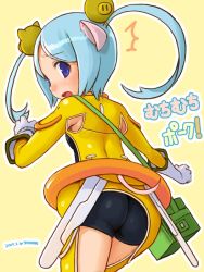  1girl ^^^ animal_ears ass bike_shorts blue_eyes blue_hair blue_pupils cave_(developer) child gloves hair_ornament looking_at_viewer looking_back matching_hair/eyes muchi_muchi_pork open_mouth parted_bangs pig_ears pig_girl pig_tail shigatake short_hair shorts simple_background solo souki_rafute spandex tail twintails white_gloves 