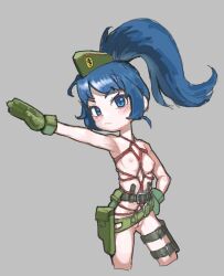  1girl aged_down belt blue_eyes blue_hair closed_mouth cropped_legs flat_chest gloves green_gloves green_hat grey_background hat high_ponytail highres holster kinshi76 leona_heidern loli looking_at_viewer military_hat nipples parted_bangs ponytail pussy salute shibari simple_background solo straight-arm_salute the_king_of_fighters thigh_holster utility_belt 