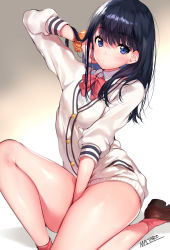  10s 1girl adjusting_hair between_legs black_hair blue_eyes blush breasts buttons cardigan closed_mouth commentary_request gradient_background gridman_universe hand_between_legs hand_in_own_hair hip_focus kneeling legs loafers long_hair long_sleeves looking_at_viewer mataro_(matarou) pink_neckwear pink_socks school_uniform scrunchie shirt shoes small_breasts socks solo ssss.gridman sweater takarada_rikka thighs white_background white_sweater wrist_scrunchie  rating:Sensitive score:31 user:danbooru