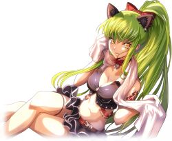 1girl animal_ear_fluff animal_ears arm_tattoo artist_request bare_shoulders belt black_shirt black_skirt bow bowtie breasts c.c. cat_ears cat_girl cleavage code_geass code_geass:_lost_stories collarbone crop_top cropped_legs crossed_legs earrings female_focus game_cg green_hair hair_between_eyes hair_bow hands_up high_ponytail holding holding_towel jewelry legs locket long_hair looking_at_viewer medium_breasts midriff miniskirt navel non-web_source official_art parted_lips pendant plaid plaid_bow red_bow red_bowtie shirt sidelocks simple_background single_earring sitting skirt sleeveless sleeveless_shirt solo stomach sweat tattoo teeth thigh_strap thighs towel towel_around_neck transparent_background very_long_hair wiping_face yellow_eyes