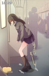 1girl bag between_legs black_footwear black_hair bladder blue_bow blue_bowtie blue_skirt blush bow bowtie breasts bright_pupils brown_socks door embarrassed female_focus from_side full_body green_eyes grey_sweater half-closed_eyes hand_between_legs hand_grip have_to_pee highres indoors japanese_text kneehighs leaning_forward legs long_hair miniskirt nose_blush open_mouth original pee peeing peeing_self pleated_skirt profile puddle raised_eyebrows school_uniform shoes shoulder_bag sidelocks sideways_mouth silhouette skirt small_breasts socks solo_focus standing sweat sweater tears thighs timestamp train_interior translation_request urine_meter watakarashi wet wet_clothes white_pupils window rating:Questionable score:120 user:AngryZapdos