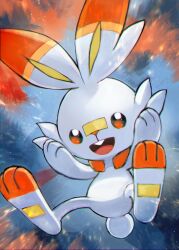  animal_focus bandaid bandaid_on_face bandaid_on_nose blue_background buck_teeth commentary_request creatures_(company) day_walker1117 game_freak gen_8_pokemon hands_up happy highres nintendo no_humans open_mouth orange_eyes pawpads pokemon pokemon_(creature) revision scorbunny smile solo teeth upper_teeth_only 