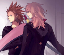  2boys axel_(kingdom_hearts) black_coat black_coat_(kingdom_hearts) coat commentary_request crossed_arms facial_mark falling_petals green_eyes hair_slicked_back holding holding_scythe hood hood_down hooded_coat indoors kingdom_hearts kingdom_hearts_chain_of_memories long_hair long_sleeves looking_at_another looking_to_the_side male_focus marluxia minatoya_mozuku multiple_boys petals pink_hair red_hair scythe smirk spiked_hair upper_body 