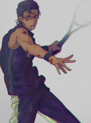  1boy black_hair black_pants black_shirt black_wristband blood blood_from_mouth blood_on_arm blood_on_face brown_eyes character_request commentary_request grey_background hands_up highres injury jiz_(pffbq) looking_at_viewer male_focus pants parted_lips scrape shirt short_hair simple_background sleeveless sleeveless_shirt solo sportswear standing sweatband tennis tennis_no_ouji-sama tennis_uniform upper_body wristband 