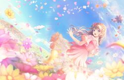  1girl :d blue_sky braid brown_hair cloud crown_braid dress dutch_angle falling_flower field flower flower_field fujishima_megumi game_cg hair_flower hair_ornament highres layered_dress link!_like!_love_live! long_hair looking_at_viewer looking_back love_live! off-shoulder_dress off_shoulder official_art open_mouth pink_dress pink_flower purple_eyes short_sleeves sky smile solo standing teeth third-party_source upper_teeth_only virtual_youtuber yellow_flower yours_ever_(love_live!) 