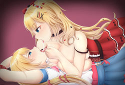  2girls akai_haato blonde_hair blue_eyes breast_press breasts breasts_out dress dual_persona empty_eyes eye_contact hair_ornament hair_ribbon hairclip heart heart_hair_ornament hololive large_breasts long_hair looking_at_another lying mee_don multiple_girls red_background red_dress restrained ribbon saliva_swap selfcest symmetrical_docking tears tongue tongue_out virtual_youtuber yuri  rating:Questionable score:51 user:truesword24