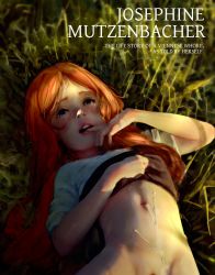 1girl absurdres cum cum_on_body diathorn female_focus flat_chest grass highres josephine_mutzenbacher loli long_hair looking_at_viewer lying on_back out-of-frame_censoring outdoors pussy pussy_peek red_hair solo tagme  rating:Explicit score:341 user:vicarious_chariot