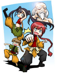  1boy 3girls :d arm_up armpits bald bare_arms bare_shoulders beard black_footwear black_hair black_pants black_shirt blue_eyes blush boots braid brown_hair brown_pants clenched_hand collarbone commentary_request etrian_odyssey facial_hair fingerless_gloves glasses gloves grey_hair kicking long_hair midriff monk_(sekaiju) monk_1_(sekaiju) monk_2_(sekaiju) monk_3_(sekaiju) monk_4_(sekaiju) multiple_girls mustache naga_u navel open_mouth pants puffy_pants punching red_hair red_shirt shirt shoes single_braid sleeveless sleeveless_shirt smile twintails v-shaped_eyebrows very_long_hair white_gloves 
