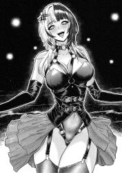  1girl alternate_costume bare_shoulders breasts chest_harness covered_navel cowboy_shot elbow_gloves fajuun garter_straps gloves greyscale hair_ornament harness highleg highleg_leotard highres hololive hololive_english large_breasts legs_together leotard light_blush long_hair looking_at_viewer monochrome multicolored_hair o-ring open_mouth outstretched_arms shiori_novella showgirl_skirt smile solo split-color_hair spread_arms standing strapless strapless_leotard teeth thighhighs tongue two-tone_hair underbust virtual_youtuber 