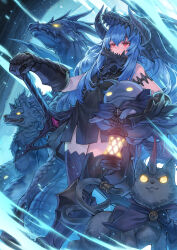  1girl absurdres bare_shoulders black_capelet black_dress black_fur blue_fur blue_hair body_fur breasts capelet cat dragon dress gauntlets ghost glowing glowing_eyes hagure_keg helmet highres holding holding_sword holding_weapon horns long_hair original red_eyes single_horn skull-shaped_hat sleeveless sleeveless_dress small_breasts sword weapon wolf yellow_eyes 