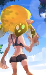  1girl absurdres arm_at_side bare_arms bare_shoulders bike_shorts black_shorts black_sports_bra blonde_hair butt_crack can cowboy_shot from_behind highres holding holding_can inkling inkling_girl inkling_player_character koike3582 nintendo pointy_ears short_hair shorts solo splatoon_(series) sports_bra tan tanline tentacle_hair 