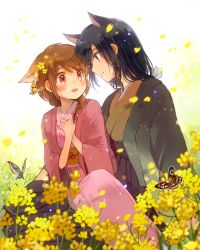  2girls :d animal_ears bad_id bad_pixiv_id black_hair blue_eyes blush braid brown_hair bug butterfly couple extra_ears eye_contact field flower flower_field gouhou_yuri_fuufu_hon hachi_kou hair_flower hair_ornament happy insect itou_hachi japanese_clothes kimono long_hair looking_at_another multiple_girls open_mouth original own_hands_together petals red_eyes single_braid sitting sitting_on_lap sitting_on_person smile yuri 