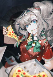  1girl aqua_bow aqua_bowtie aqua_hairband blue_eyes bow bowtie cheese_trail clenched_teeth dress eating food food_on_face grey_hair hairband holding holding_food holding_pizza looking_at_viewer matilda_bouanich medium_hair official_alternate_costume one_side_up oven pizza pizza_box pizza_slice polka_dot polka_dot_dress red_dress reverse:1999 short_sleeves solo teeth upper_body xleontan  rating:General score:1 user:danbooru