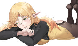 1girl backless_pantyhose blonde_hair breast_press breasts clenched_teeth elf feet_up forehead_jewel green_eyes highres isekai_ojisan lan_xiezi large_breasts long_hair long_sleeves looking_away looking_to_the_side lying no_shoes on_stomach parted_lips pointy_ears simple_background solo sui_(isekai_ojisan) teeth white_background rating:Questionable score:30 user:danbooru