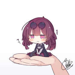  1girl 1other beni_shake black_jacket black_shorts blush chibi closed_mouth collared_shirt commentary_request eyewear_on_head gloves hand_up honkai:_star_rail honkai_(series) in_palm jacket kafka_(honkai:_star_rail) long_hair long_sleeves looking_at_viewer notice_lines purple_eyes purple_gloves purple_hair round_eyewear shirt shorts signature simple_background smile sunglasses white_background white_shirt 