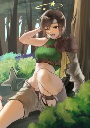  1girl absurdres arm_behind_head arm_support armor black_panties breasts brown_eyes brown_hair brown_shorts brown_socks chest_harness commentary crop_top cropped_sweater dazed feet_out_of_frame final_fantasy final_fantasy_vii foliage forest green_sweater harness headband highres kandume_ma knee_up looking_ahead medium_breasts midriff nature on_ground one_eye_closed open_mouth panties pauldrons ribbed_sweater seeing_stars short_hair shorts shoulder_armor shuriken single_bare_shoulder single_pauldron sitting sleeveless sleeveless_sweater sleeveless_turtleneck socks solo star_(symbol) sweater thigh_strap tree turtleneck underwear weapon white_headband wince yuffie_kisaragi 