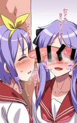  1boy 2girls blush bow highres hiiragi_kagami hiiragi_tsukasa lucky_star multiple_girls penis purple_hair school_uniform smell smelling smelling_penis twintails  rating:Explicit score:22 user:AoiLegend