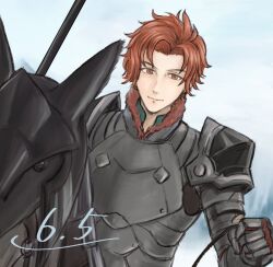  1boy barding closed_mouth dated e_wammarl fire_emblem fire_emblem:_three_houses fur_trim holding holding_polearm holding_weapon horseback_riding looking_at_viewer male_focus nintendo polearm red_eyes red_hair riding smile sylvain_jose_gautier weapon 