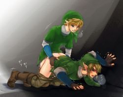 2boys anal ass bent_over blonde_hair blue_eyes boots clothed_sex clothes_pull cum cum_on_ass cum_on_body cum_on_clothes cum_on_lower_body doggystyle dual_persona earrings ejaculating_while_penetrated ejaculation fingerless_gloves gloves green_shirt hat heavy_breathing jewelry link male_focus male_penetrated multiple_boys multiple_persona nintendo pants pants_pull pointy_ears selfcest sex sex_from_behind shirt text_focus the_legend_of_zelda the_legend_of_zelda:_skyward_sword the_legend_of_zelda:_twilight_princess trembling yaoi rating:Explicit score:103 user:Anonymous123