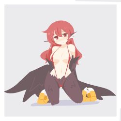  1girl animal_ears bare_shoulders big_o_pants bird_ears bird_legs black_feathers black_wings blush breasts commentary_request feathers fio-chan_(big_o_pants) grey_background hair_between_eyes harpy highres kneeling long_hair looking_at_viewer medium_breasts monster_girl original red_eyes red_hair red_slingshot_swimsuit revealing_clothes slingshot_swimsuit solo swimsuit talons winged_arms wings 