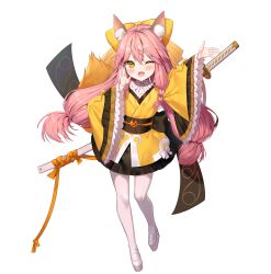  1girl aile_(crossroads) animal_ear_fluff animal_ears black_skirt bow braid breasts commentary_request fate/samurai_remnant fate_(series) fox_ears fox_girl fox_tail full_body hair_between_eyes hair_bow highres japanese_clothes katana kimono long_hair looking_at_viewer obi off_shoulder one_eye_closed open_mouth pink_hair sash sidelocks skirt small_breasts smile solo sword tail tamamo_(fate) tamamo_aria_(fate) thighhighs twintails weapon white_thighhighs wide_sleeves yellow_bow yellow_eyes yellow_kimono 