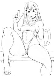  1girl :p abs absurdres aleksandr_gav asui_tsuyu bare_shoulders barefoot boku_no_hero_academia breasts closed_mouth feet hair_rings highres long_hair medium_breasts navel one-piece_swimsuit simple_background sitting sketch smile solo swimsuit toenails toes tongue tongue_out v white_background  rating:Sensitive score:7 user:DarkToonLink