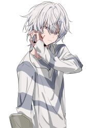  1boy absurdres accelerator_(toaru_majutsu_no_index) anninn_do_fu blood blood_on_face closed_mouth commentary electrodes english_commentary hand_up highres long_sleeves male_focus red_eyes short_hair simple_background solo toaru_majutsu_no_index upper_body white_background white_hair 