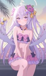 1girl azusa_(blue_archive) bare_shoulders blue_archive kurumi_lm looking_at_viewer purple_eyes purple_hair smile solo swimsuit wings  rating:Sensitive score:7 user:victusr34