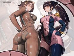  2girls absurdres ass black_hair bodysuit breasts brown_bodysuit brown_hair commentary cosplay crossover english_commentary eve_(stellar_blade) eve_(stellar_blade)_(cosplay) g_gundam gundam highres large_breasts mechanical_spine medium_breasts mobile_trace_suit multiple_girls pilot_suit ponytail rain_mikamura rain_mikamura_(cosplay) short_hair skin_suit_(stellar_blade) skin_tight standing stellar_blade two-tone_bodysuit watermelonsfw 