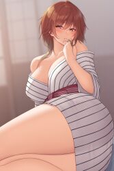  1girl aketa_mikoto bare_shoulders blurry blurry_background blush breasts cleavage collarbone commentary_request hair_between_eyes highres idolmaster idolmaster_shiny_colors japanese_clothes kimono kirou_(kiruyuu1210) large_breasts looking_at_viewer parted_lips red_eyes red_hair short_hair solo striped_clothes striped_kimono thighs vertical-striped_clothes vertical-striped_kimono white_kimono  rating:Sensitive score:19 user:danbooru