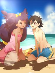  10s artist_request ash_ketchum bad_id bad_pixiv_id beach black_hair blue_male_swimwear blue_swim_trunks blush brown_eyes child creatures_(company) frilled_one-piece_swimsuit frills game_freak gen_1_pokemon iris_(pokemon) long_hair male_swimwear nintendo one-piece_swimsuit pikachu pink_one-piece_swimsuit poke_ball pokemon pokemon_(anime) pokemon_(creature) pokemon_bw purple_hair swim_trunks swimsuit teeth topless_male upper_teeth_only very_long_hair  rating:Sensitive score:22 user:gohan5