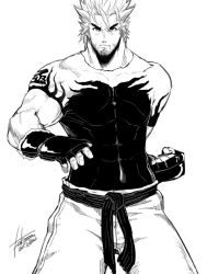  1boy abs bara beard belt black_belt clenched_hand closed_mouth cowboy_shot facial_hair falcoon fatal_fury fighting_stance fingerless_gloves gloves greyscale kanji looking_at_viewer mature_male monochrome mr._karate muscular muscular_male official_art patterned_clothing pectorals ryou_sakazaki serious shirt signature solo spiked_hair stubble thick_arms thick_eyebrows tight_clothes tight_shirt 