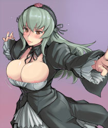 00s 1girl areola_slip breasts bursting_breasts cleavage detached_collar dress green_hair grey_hair headdress huge_breasts large_breasts lips long_hair outstretched_arms purple_background red_eyes rozen_maiden simple_background smile solo spread_arms suigintou tsuda_nanafushi rating:Questionable score:65 user:danbooru