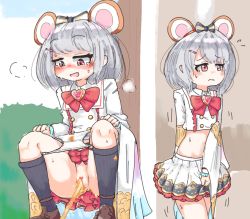 1girl animal_ears black_socks blue_sky blush bow bow_panties bowtie breath brooch brown_footwear bush censored closed_mouth crop_top crossed_legs crystal day embarrassed fake_animal_ears female_focus flat_chest frilled_skirt frills granblue_fantasy grey_hair hair_bow hair_ornament hairband hairclip happy have_to_pee heart heart_censor indoors jewelry kneehighs long_sleeves looking_down midriff miniskirt mouse_ears multiple_views navel nose_blush outdoors panties panty_pull peeing pleated_skirt pussy red_eyes red_hairband red_neckwear shirt shoes short_hair skirt sky smile socks spread_legs squatting sweat tako238 tears underwear vikala_(granblue_fantasy) wavy_mouth wet wet_clothes wet_panties white_panties white_shirt rating:Explicit score:21 user:AngryZapdos