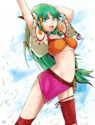  1girl arms_up bad_deviantart_id bad_id breasts cleavage feena_(grandia) grandia green_eyes green_hair hair_ornament hair_tubes jewelry long_hair looking_at_viewer low-tied_long_hair medium_breasts midriff navel necklace open_mouth skirt smile solo standing thighhighs underboob wide_sleeves yggdrasill_studio 