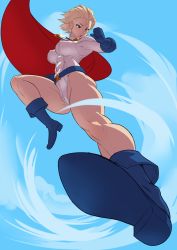 1girl abs bad_id bad_pixiv_id belt blonde_hair blue_background blue_belt blue_footwear blue_gloves blush boots breasts cape dc_comics elbow_gloves gloves green_eyes kicking leotard mikoyan muscular muscular_female open_mouth pink_lips power_girl raised_fist red_cape solo superhero_costume superman_(series) white_leotard rating:Questionable score:22 user:danbooru