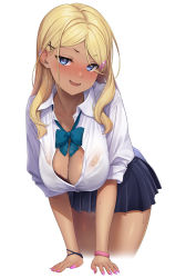  1girl arm_support black_bra blonde_hair blue_bow blue_bowtie blue_eyes blue_skirt blush bow bowtie bra bra_peek bracelet breasts cleavage collared_shirt commentary_request dark-skinned_female dark_skin earclip earrings gyaru hair_ornament hairclip highres jewelry large_breasts leaning_forward long_hair looking_at_viewer miniskirt nail_polish nose_blush open_mouth original parted_bangs pink_nails pleated_skirt school_uniform shirt simple_background skirt solo sweat underwear white_background wotori x_hair_ornament  rating:Sensitive score:43 user:danbooru
