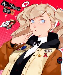  1girl blonde_hair blue_eyes buttons cesar_art456 character_name commentary copyright_name english_commentary fingernails food food_in_mouth food_on_face highres index_finger_raised jacket long_hair long_sleeves official_alternate_costume persona persona_5 persona_5_the_royal red_background school_uniform shuujin_academy_school_uniform solo takamaki_anne twintails  rating:General score:8 user:danbooru