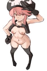  1girl breasts functionally_nude grin hand_on_own_hip hat highres jakuzure_nonon kill_la_kill looking_at_viewer looking_up nipples nudist_beach_uniform pink_eyes pink_hair rakeemspoon salute smile solo tagme thick_thighs thighhighs thighs wide_hips  rating:Explicit score:173 user:ImBored240901