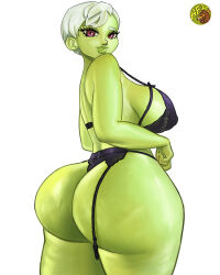  1girl alternate_breast_size artfoo_1 ass black_bra black_panties bra breasts cheelai clothes_lift colored_skin curvy dragon_ball dragon_ball_super green_skin highres huge_ass large_breasts lips looking_at_viewer looking_back micro_panties navel nipples open_mouth panties plump purple_eyes short_hair simple_background skindentation solo sweat thong unaligned_breasts underwear underwear_only white_hair 