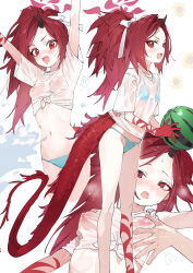  1girl 1other :d absurdres alternate_costume arms_up bikini blue_archive blue_bikini breasts covered_erect_nipples dragon_tail eyeliner halo highres horns long_hair looking_at_viewer makeup multiple_views navel open_mouth parted_bangs ponytail red_eyes red_hair renge_(blue_archive) shirt short_sleeves simple_background single_horn small_breasts smile swimsuit tail wet white_background white_shirt yanyo_(ogino_atsuki) 