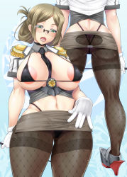  10s 1girl areola_slip ass ass_cutout ayato between_breasts black_pantyhose breastless_clothes breasts brown_hair butt_crack chrysanthemum_crest clothing_cutout collared_shirt covered_erect_nipples cowboy_shot curvy epaulettes fishnet_pantyhose fishnets folded_ponytail g-string glasses gloves green_eyes grey_shirt hand_on_own_hip highleg highleg_panties highres holding huge_breasts kantai_collection katori_(kancolle) large_areolae large_breasts legs_apart linea_alba long_hair looking_at_viewer microskirt midriff military military_uniform miniskirt multiple_views necktie necktie_between_breasts open_mouth panties pantyhose pantylines parted_bangs pencil_skirt revealing_clothes riding_crop rimless_eyewear shirt short_sleeves sidelocks skirt standing thick_thighs thighband_pantyhose thighs thong underwear uniform white_gloves wide_hips  rating:Questionable score:83 user:intrepid8