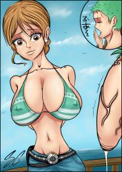  1boy 1girl absurdres bikini bikini_top_only breasts brown_eyes brown_hair cleavage closed_eyes covered_erect_nipples cum denim dripping earrings flaccid flashing green_hair highres jeans jewelry large_breasts large_penis looking_at_penis nami_(one_piece) navel nipple_piercing one_piece orange_hair pants penis piercing pirate precum pubic_hair public_indecency public_nudity roronoa_zoro scar scar_across_eye smile swimsuit tattoo tight_clothes veins veiny_penis yawning  rating:Explicit score:11 user:SussyChan
