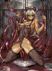  1girl backboob black_footwear blonde_hair breasts brown_eyes canterbury_mimi collar female_focus from_behind hairband highres kneeling leotard looking_at_viewer narrow_waist nipples oil original shiny_skin shirou_masamune skindentation skinny solo tentacles thighhighs torn_clothes wrist_cuffs  rating:Explicit score:55 user:noitor