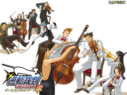 5boys 5girls ace_attorney alternate_costume backless_dress backless_outfit band conductor_baton bow_(music) capcom cello chair character_request conductor dick_gumshoe double_bass dress flute formal franziska_von_karma gyakuten_meets_orchestra highres instrument larry_butz maggey_byrde manfred_von_karma maya_fey mia_fey miles_edgeworth multiple_boys multiple_girls official_art orchestra pearl_fey phoenix_wright recorder suit triangle trombone violin whip rating:Sensitive score:23 user:danbooru